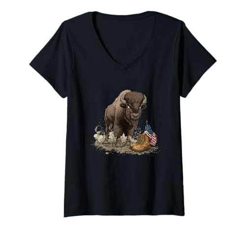 Damen Hübscher Bison mit Kampfstiefeln im Schlachtfeld-Kostüm T-Shirt mit V-Ausschnitt Damen Hübscher Bison mit Kampfstiefeln im Schlachtfeld-Kostüm T-Shirt mit V-Ausschnitt von Battlefield Bison Outfit