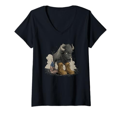Damen Militär-Bison Kostüm für Symbol- und Schlachtfeld-Liebhaber T-Shirt mit V-Ausschnitt Damen Militär-Bison Kostüm für Symbol- und Schlachtfeld-Liebhaber T-Shirt mit V-Ausschnitt von Battlefield Bison Outfit