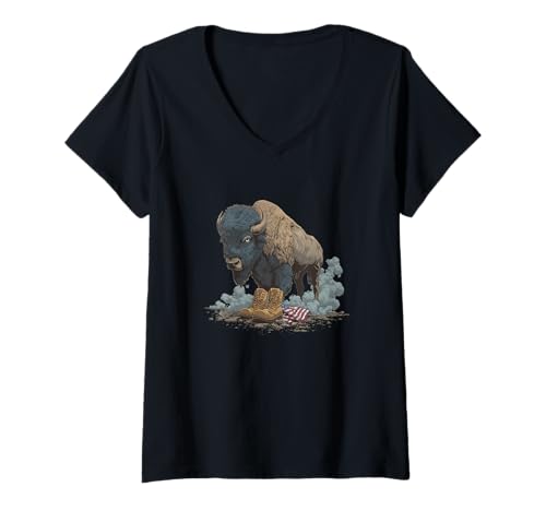 Damen Patriotisches Bison-Kostüm für Militärliebhaber T-Shirt mit V-Ausschnitt Damen Patriotisches Bison-Kostüm für Militärliebhaber T-Shirt mit V-Ausschnitt von Battlefield Bison Outfit