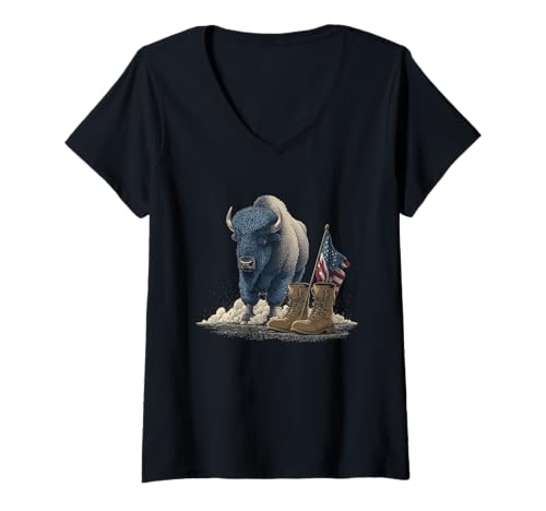 Damen Starker Bison mit Flagge und Stiefeln für einen coolen Militär-Look T-Shirt mit V-Ausschnitt Damen Starker Bison mit Flagge und Stiefeln für einen coolen Militär-Look T-Shirt mit V-Ausschnitt von Battlefield Bison Outfit