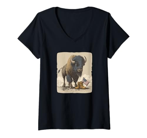 Damen USA Battlefield Boots Kostüm mit coolem symbolischem Bison T-Shirt mit V-Ausschnitt von Battlefield Bison Outfit