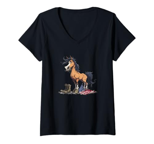 Damen Symbolisches Militärpferd-Kostüm T-Shirt mit V-Ausschnitt von Battlefield Horse Outfit