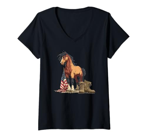 Damen USA Pferdekostüm für Militär und Schlachtfeld T-Shirt mit V-Ausschnitt von Battlefield Horse Outfit