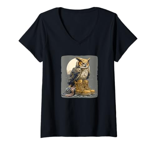 Damen Amerika Kampfschuhe mit militärischer Eule T-Shirt mit V-Ausschnitt Damen Amerika Kampfschuhe mit militärischer Eule T-Shirt mit V-Ausschnitt von Battlefield Owl Outfit