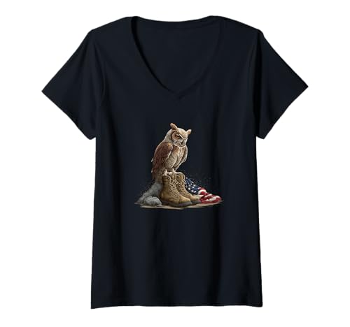 Damen Coole Militär Eule im patriotischen Look für Mann und Frau T-Shirt mit V-Ausschnitt Damen Coole Militär Eule im patriotischen Look für Mann und Frau T-Shirt mit V-Ausschnitt von Battlefield Owl Outfit