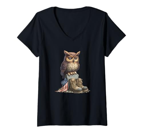 Damen Cooles Militär Eule Kostüm für Stiefel und Schlachtfeld-Liebhaber T-Shirt mit V-Ausschnitt von Battlefield Owl Outfit