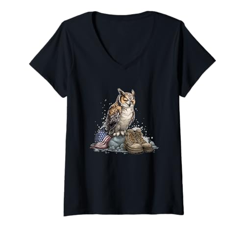 Damen Hübsche patriotische Eule mit Militärschuhen Kostüm T-Shirt mit V-Ausschnitt von Battlefield Owl Outfit