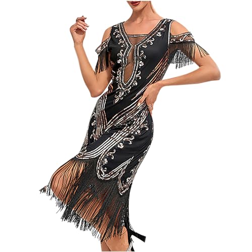 1920s Vintage Kleid Damen Flapper Charleston Kleid Gatsby Pailletten Quasten Saum Cocktail AbschlussballKleid Kleid 1920s Pailletten Kleid V-Ausschnitt Knielang Cocktailkleid Abendkleid Partykleid von Battnot