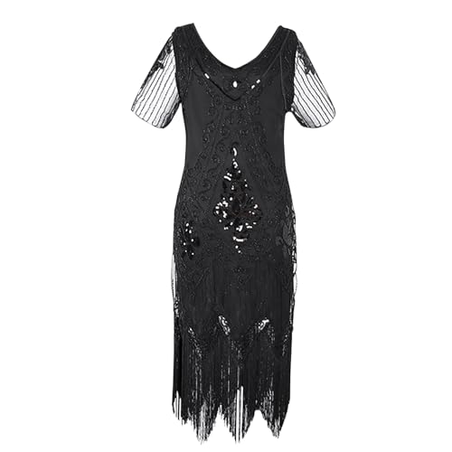 1920s Vintage Kleid Damen Flapper Charleston Kleid Gatsby Pailletten Quasten Saum Cocktail AbschlussballKleid Kleid 1920s Pailletten Kleid V-Ausschnitt Knielang Cocktailkleid Abendkleid Partykleid von Battnot