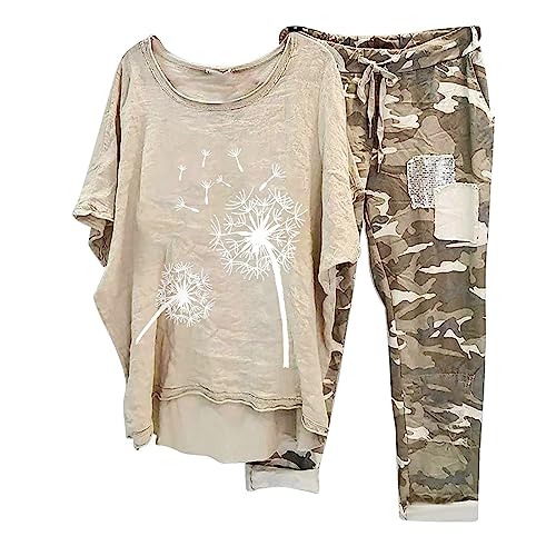 2-Teiliges Leinenanzug Damen Sommer Tshirt Top und Weite Beine Hose Freizeitanzug Casual Baumwolle Hosenanzug Zweiteiler Vintage Sportanzug Tarnung Motive Yoga Outfits Teenager Mädchen Streetwear von Battnot