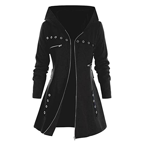 2024 Kapuzenpullover Damen Gothic Punk Schwarz Strickjacke Hoodie Sweatshirt Jacke Gothic Mantel Hoodie Damen Sweatshirt Jacke Punk Outfit Steampunk Kleidung Party Freizeit Kleidung Tops Outwear von Battnot