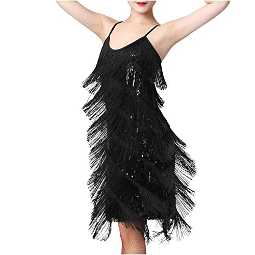 20er Jahre Kleid Damen Gatsby Pailletten Fransenkleid Spaghettiträger Sexy Kurz Latein Tanzkleid 1920er Abendklied Cocktailkleid Damen Abschlussball Flapper Kleider 1920er Fransen Quaste Kleid von Battnot