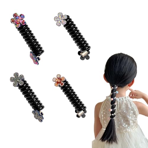 4 Stück Bunte Telefondraht-Haarbänder Für Kinder, Haarbänder Aus Geflochtenem Telefondraht Mit Schleife, Haargummi Mit Gerader Spirale Für Telefonkabel, Pferdeschwanz-Zöpfe (Strass-blumenx4) von Battnot