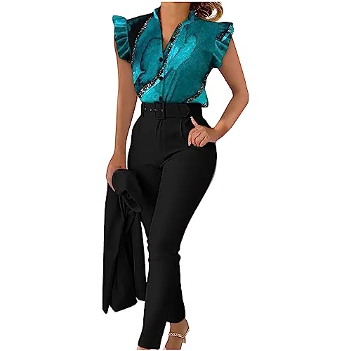 Anzug Damen Elegant 2 Teiler Damen Zweiteiler Sommer Rüsche Blumen Bluse Top + Hose 2 Teilig Set Elegant Freizeitanzug Streetwear Outfit Hausanzug Damen Sportanzug Jogginganzug Trainingsanzug Sets von Battnot