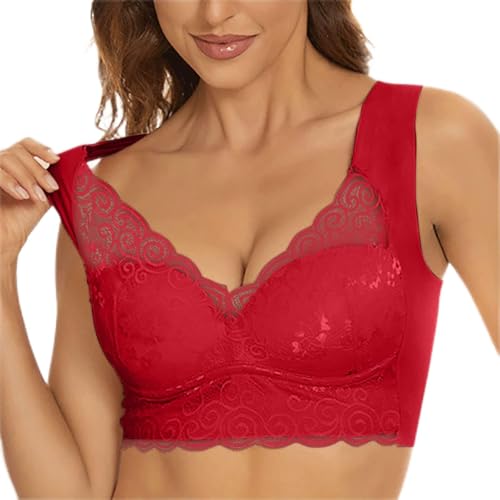 Battnot Damen Bralette Spitze Push Up Minimizer BH Ohne Bügel Große Größen Bügelloser Entlastungs-BH Frauen Unterwäsche Bequemer Seamless Crop Tops Rot 3XL von Battnot