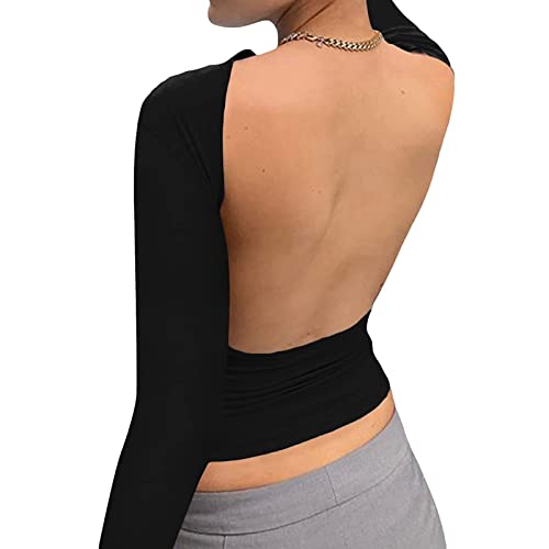 Backless Top Damen Y2K Rückenfreies Top Sexy Slim Fit Backless Shirt Langarm Cropped Oberteil Tops Cut Out Shirts Streetwear Damen Langarmshirt Elegant Oberteil Y2k Fashion Crop Top von Battnot