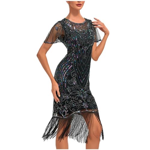 Battnot 1920s Kleid Damen Flapper Kleid mit Kurzem Ärmel Gatsby Motto Party Damen Kostüm Kleid 20er Jahre Kostüm Damen 1920s Charleston Kleid Damen Knielang Cocotail Party Kleid Gatsby Kostüm Kleid von Battnot