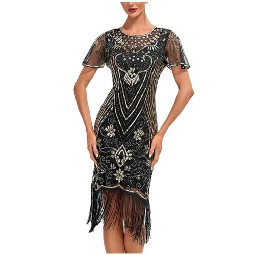 Battnot 1920s Kleid Damen Flapper Kleid mit Kurzem Ärmel Gatsby Motto Party Damen Kostüm Kleid 20er Jahre Kostüm Damen 1920s Charleston Kleid Damen Knielang Cocotail Party Kleid Gatsby Kostüm Kleid von Battnot