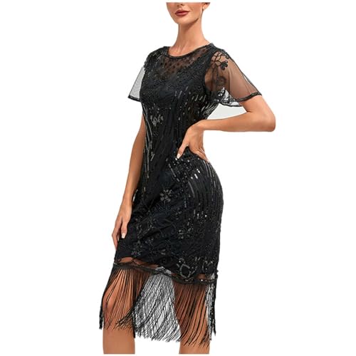 Battnot 1920s Kleid Damen Flapper Kleid mit Kurzem Ärmel Gatsby Motto Party Damen Kostüm Kleid 20er Jahre Kostüm Damen 1920s Charleston Kleid Damen Knielang Cocotail Party Kleid Gatsby Kostüm Kleid von Battnot