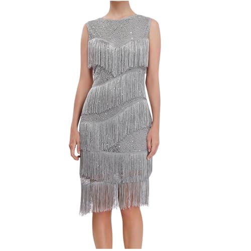 Battnot 1920s Kleid Damen Kurz Fransen Runder Ausschnitt Elegant Abendkleid mit Multi Schichten Fransen 20er Jahre Retro Stil Great Gatsby Cocktail Party Damen Fasching Kostüm Kleid von Battnot