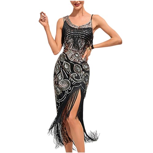 Battnot 1920s Vintage Kleid Damen Flapper Charleston Kleid Damen 1920s Pailletten Kleid V-Ausschnitt Knielang Flapper Fransenkleid Gatsby Motto Cocktailkleid Abendkleid Partykleid von Battnot