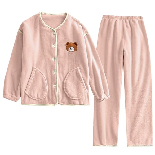 Battnot 2023 Hausanzug Damen Lang Pyjama Set Lang Zweiteiliger Fleece Pyjama Herbst Und Winter Dicken Warm Rundhals Schlafanzüge Hausanzug für Frauen, Warme Flauschige Nachtwäsche PJS für Frauen von Battnot