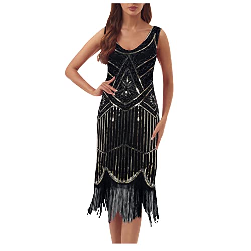 Battnot 20er Jahre Kostüm Damen Kleid 1920er Jahre V-Ausschnitt Pailletten Perlen Fransen Kleid 1920er Jahre Damen Flapper Kleid ärmellos Gatsby Motto Party Cocotail Party Kleid Gatsby Kostüm Kleid von Battnot