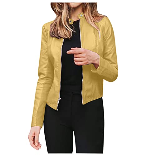 Battnot Damen Lederjacke Damen Kurz Jacke Reverskragen Übergangsjacke aus Kunstleder mit Reißverschluss für Herbst Slim Fit Mantel Casual Bomberjacke Damen Lederjacke Damen Kurz Jacke von Battnot