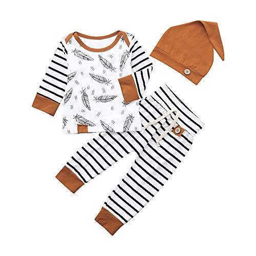 Battnot Baby Jungen Mädchen Bekleidungssets 3tlg Sets Unisex Hut+Tops+Hosen 3er Neugeborenes Feder Druck Gestreifte Outfits Pyjama, 0-24 Monate Kleinkind Säugling Kinder Boys Girls Herbst Kleidung von Battnot