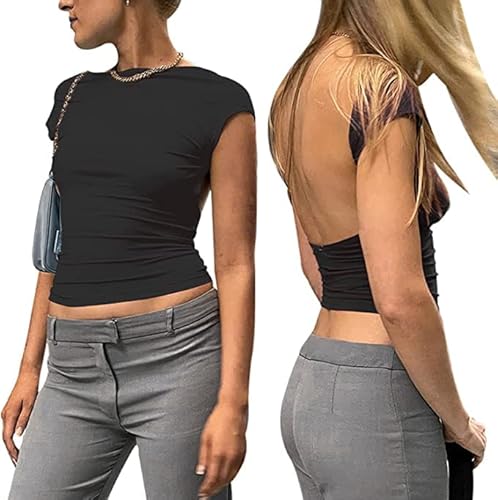 Battnot Damen Backless Crop Top T-Shirt Sexy Ausschnitt Kurzarm Slim Fit Bluse Tops Front Back Reversible Cropped Tees Y2K Fashion Top Frauen Cut Out T-Shirts Tees Tops 90er Mädchen Streetwear von Battnot