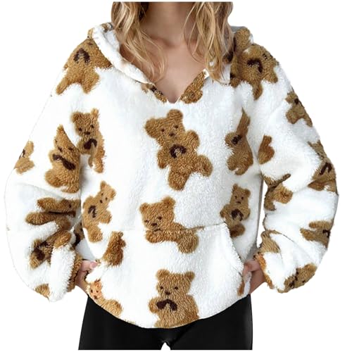 Battnot Damen Hoodie Teddy Fleece Kapuzenpullover Warm Oversize Sweatshirt Langarm Lose Winter Pulli Tops Oberteile Cartoon Bär Outwear Süßer Fleece Hoodies Teenager Mädchen White M von Battnot