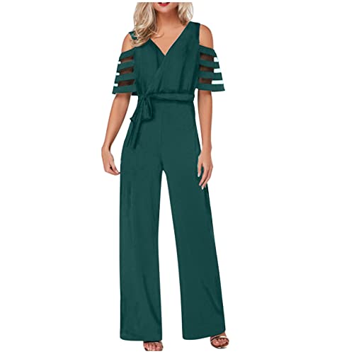 Battnot Damen Jumpsuit Elegant, Frauen Casual Sexy V-Ausschnitt Langarm Wide Leg Romper Playsuits Womens Schick Party Kleidung Lang Overall Schwarz Rot Grün Khaki S,M,L,XL von Battnot