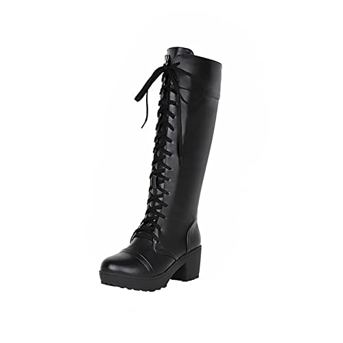 Battnot Damen Knee High Combat Boots Blockabsatz High Heels Plateau Gothic Kniestiefel Punk Kniehohe Schnürstiefel Gothic Kniehohe Stiefel mit Blockabsatz Schnürstiefel Profilsohle Schwarz von Battnot