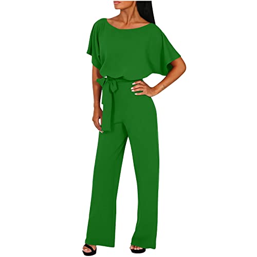 Battnot Damen Kurzarm Lang Jumpsuit Elegant Overall Jumpsuits O-Ausschnitt Playsuit Romper Hosenanzug mit Gürtel Jumpsuit Damen Elegant Overall Hosenanzug Playsuit Romper Festlich Hochzeit Jumpsuits von Battnot