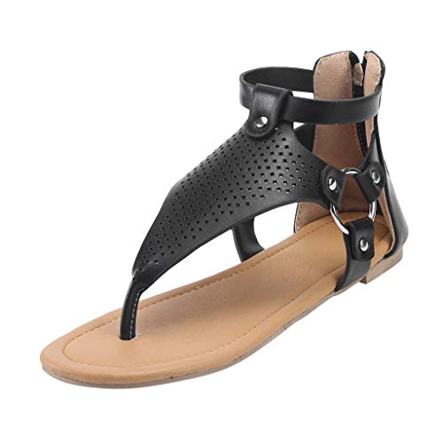 Battnot Damen Sandalen Sommerschuhe Flache Flip Flops, Frauen Elegant Bohemian Römersandalen Solide Aushöhlen Offene Zehe Reißverschluss Wedges Sandaletten Casual Hausschuhe Clip Toe Strand Urlaub von Battnot