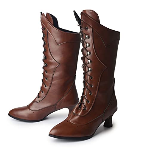 Battnot Damen Stiefeln Viktorianische Vintage Gothic Hochzeit Oktoberfest Mittelalterliche Dampfpunk Stiefeletten Stiefel Ritterstiefel Knöchel Schuhe Gothic Punk Winterstiefel Damen Winterschuhe von Battnot