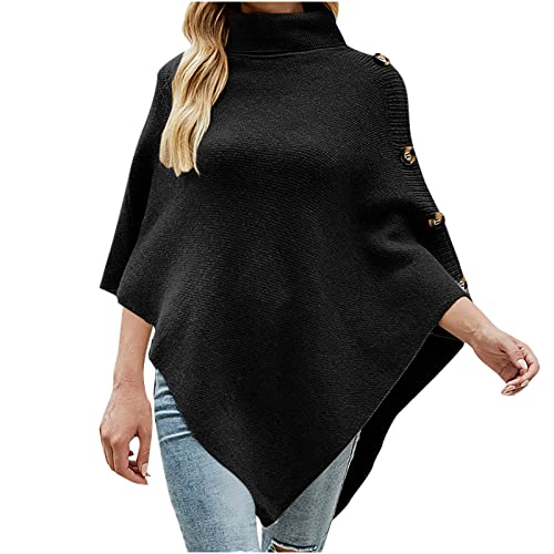 Battnot Damen Strickponcho Rollkragen Gestrickter Poncho mit Dekorativen Knöpfen Strick Pullover Poncho Cape Schal Damen Wrap Poncho Schal Cape Pullover Damen Poncho Pullover mit Rollkragen von Battnot