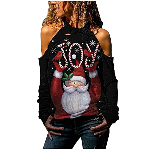 Damen Weihnachtsshirt Langarm Casual Frauen Shirts mit V-Ausschnitt Weihnachtsmann Drucken Tshirts Slim Weihnachtsbluse Weihnachtspullover Sexy Schulterfrei Sweatshirt Langarmshirt Oberteil von Battnot