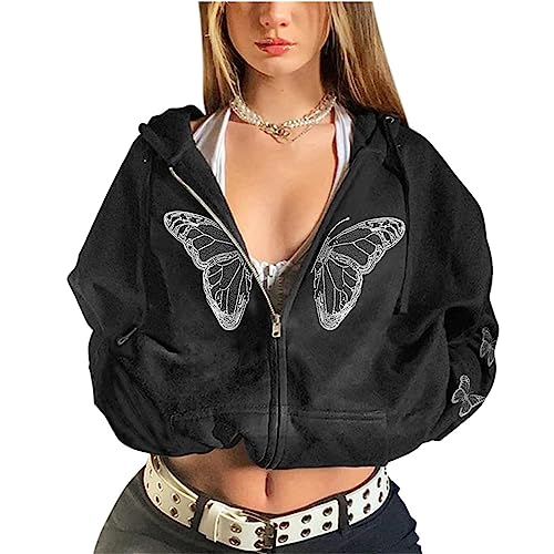 Battnot Damen Y2K Zip up Hoodie Oversize Skelett Kapuzenpullover Vintage Kapuzenjacke Sweatshirt Jacke Damen Teenager Mädchen Y2K Fashion Top Hoodie Pullover E-Girl 90er Streetwear Jacke mit Kapuze von Battnot