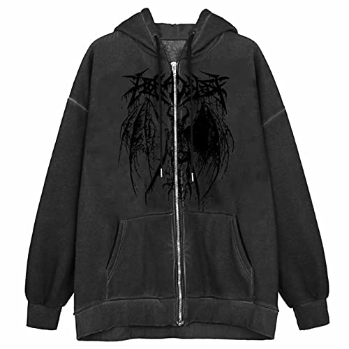 Battnot Damen Zip Up Hoodie Y2k Aesthetic Kapuzenpullover Oversized Sweatshirts Jacke E-Girl 90er Vintage Streetwear Übergroße Hoodies Ästhetische Pullover Sweatshirt Fashion Top, C-schwarz von Battnot