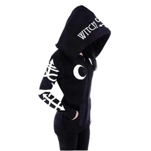 Battnot Gothic Mantel Damen Hoodie Sweatshirt Jacke Punk Outfit Steampunk Kleidung Party Herbst Winter Moon Druck üBergangsjacke Streetwear Hoodies Cardigan Outwear Halloween Karneval Kostüm von Battnot