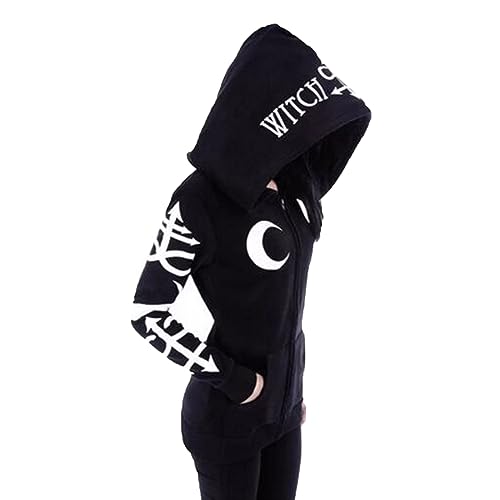 Battnot Gothic Mantel Damen Hoodie Sweatshirt Jacke Punk Outfit Steampunk Kleidung Party Herbst Winter Moon Druck üBergangsjacke Streetwear Hoodies Cardigan Outwear Halloween Karneval Kostüm von Battnot