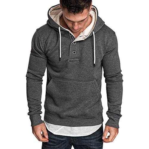 Battnot Herren Pullover V-Ausschnitt mit Knöpfe Schwarz Grau Pulli mit Kapuze, Männer Herbst Frühlings Mode Retro Langarm Hoodies Solide Freizeit Übergangsjacke Tops Shirt Mens Sweatershirt M-XXXL von Battnot