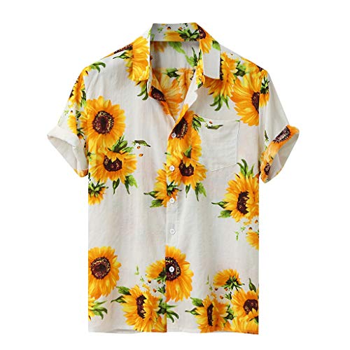 Battnot Herren T Shirt Hawaiihemd Sonnenblume Druck Kurzarm Knöpfe Stehkragen Sommer Sport Freizeit Blusen, Männer Hemd Casual Cool Regular Fit Tees Lose Oben Pullover Mens Tops Fashion M-3XL XXXL von Battnot