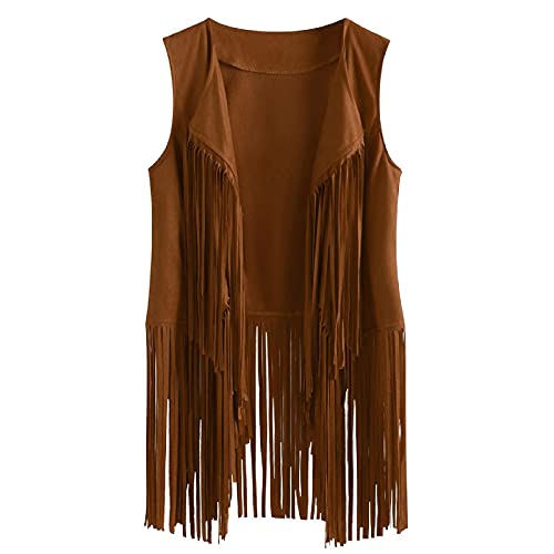 Battnot Hippie Kleidung Damen 60er 70er Jahre Faux Wildleder Cowboy Ärmellos Weste Cardigan Retro Hippie Fransenweste Mantel Fransen Hippieweste Boho Festival Bolero Karneval Faschingskostüme von Battnot