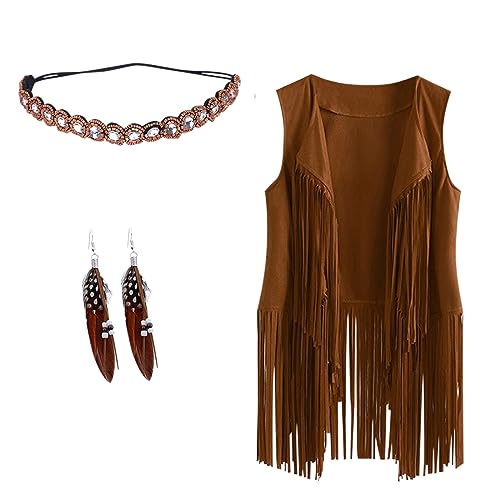 Battnot Hippie Kleidung Damen Set 60er 70er Jahre Bekleidung Damen Fransenweste, Stirnband, Ohrringe, Halskette Disco Outfit Fransenweste Ärmellos Hippie Kostüm für Karneval, FaschingsKostüm von Battnot
