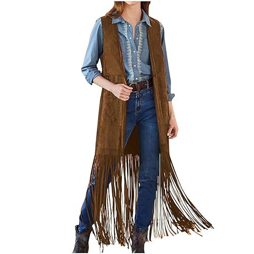 Battnot Hippie Kostüm Damen 60er 70er Jahre Faux Wildleder Cowboy Ärmellos Weste Cardigan Retro Hippie Fransenweste Mantel Fransen Hippieweste Boho Festival Bolero Karneval Faschingskostüme von Battnot