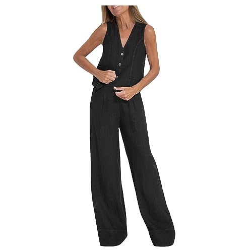 Battnot Hosenanzug Damen Zweiteiliger Anzug Set Elegant V-Ausschnitt Ärmellos Weste und Hose 2 Stück Casual Leinen Outfit Sets Leinenanzug Damen Sommer Tshirt Top und Weite Beine Hose Freizeitanzug von Battnot