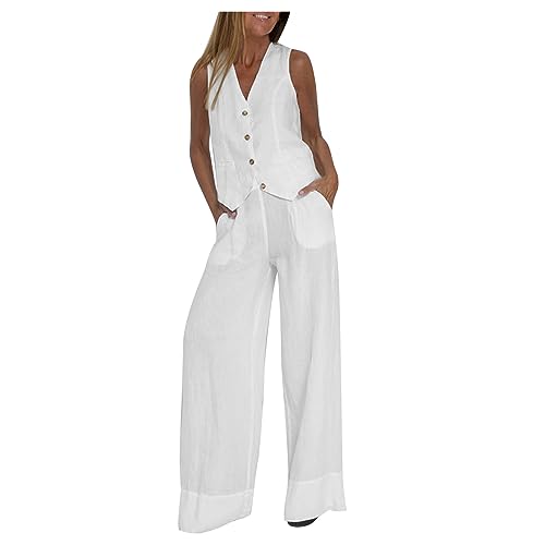 Battnot Hosenanzug Damen Zweiteiliger Anzug Set Elegant V-Ausschnitt Ärmellos Weste und Hose 2 Stück Casual Leinen Outfit Sets Leinenanzug Damen Sommer Tshirt Top und Weite Beine Hose Freizeitanzug von Battnot