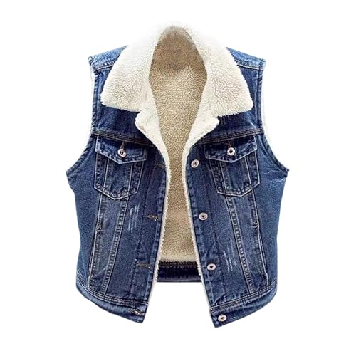 Battnot Jeansweste Damen Fleece Ärmellos Weste Gefütterter Fleece Wintermantel Lässig Einfarbige Jeansmantel ärmellos Kapuze Winterjacke Cardigan Plüschweste Große Größen Übergangsjacke von Battnot